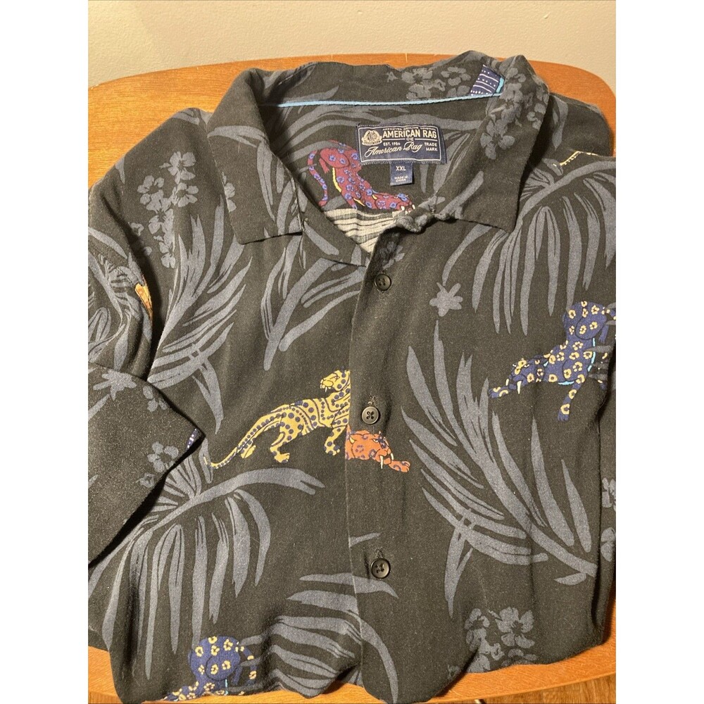 American Rag XXL Mens Multicolor Hawaiian cat Leopard Button Up Shirt Cotton 2XL